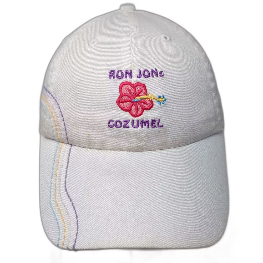 Ron Jon Cozumel Baseball Cap White Pink Hibiscus Embroidered Strapback OS Hat